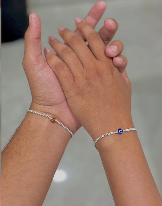 (Couple Combo) Evil Eye & Rudraksh Bracelet - Pure Silver